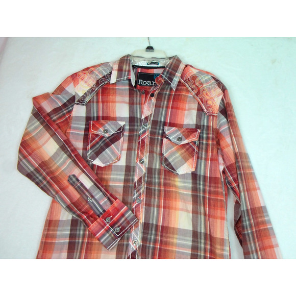 Roar Signature Valence Shirt Mens M Embroidered Red Plaid Long Sleeve Button Up - Picture 1 of 10